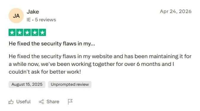 Trustpilot review from Jake — He fixed the security flaws in my website